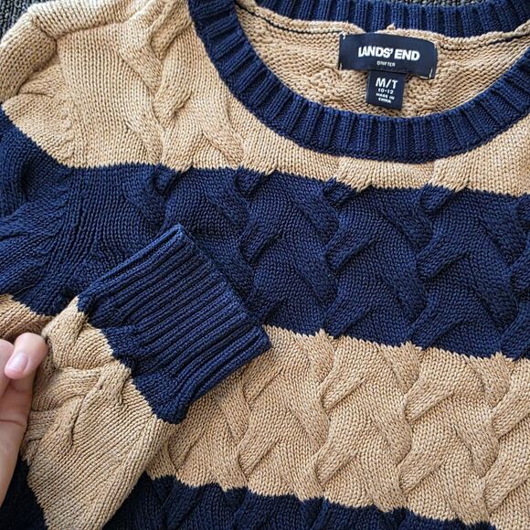 Lands' End Size Medium Tall Crew Neck Stripe Sweater Chunky Blue Tan Fall School - Picture 6 of 8